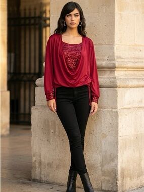 Women's Red Draped Sequin-Trim Blouse